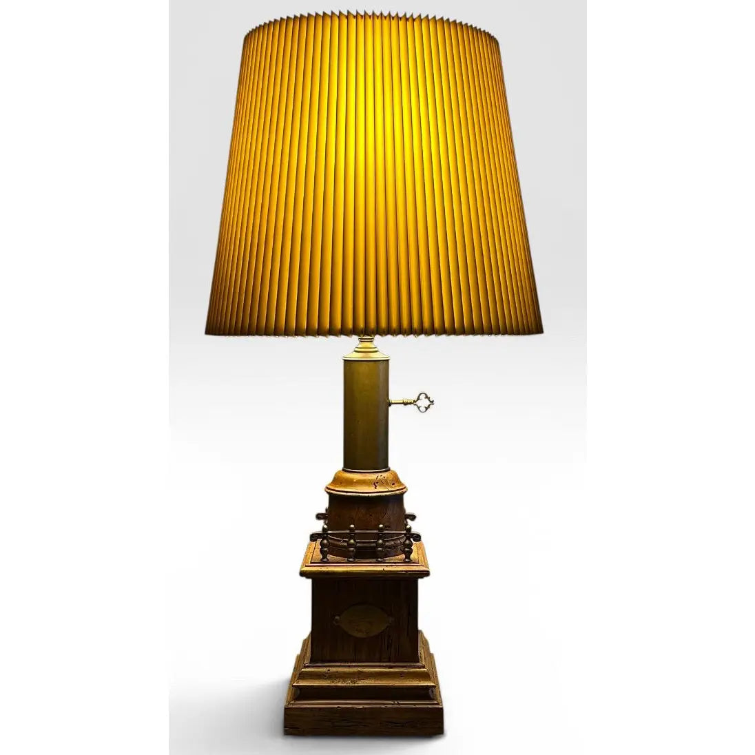 Antique Victorian Converted Brass Column Lamp on Wood Base With 1786 Plaque