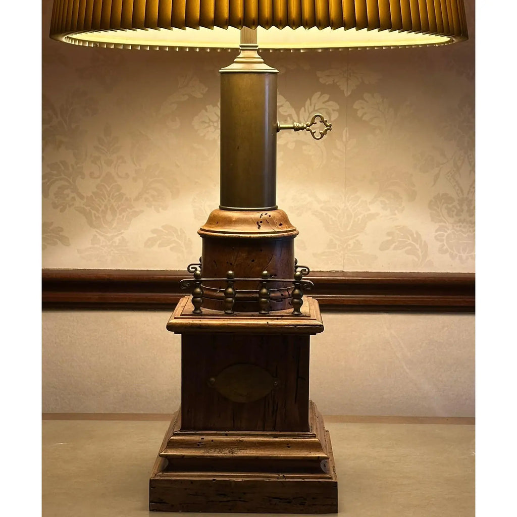Antique Victorian Converted Brass Column Lamp on Wood Base With 1786 Plaque
