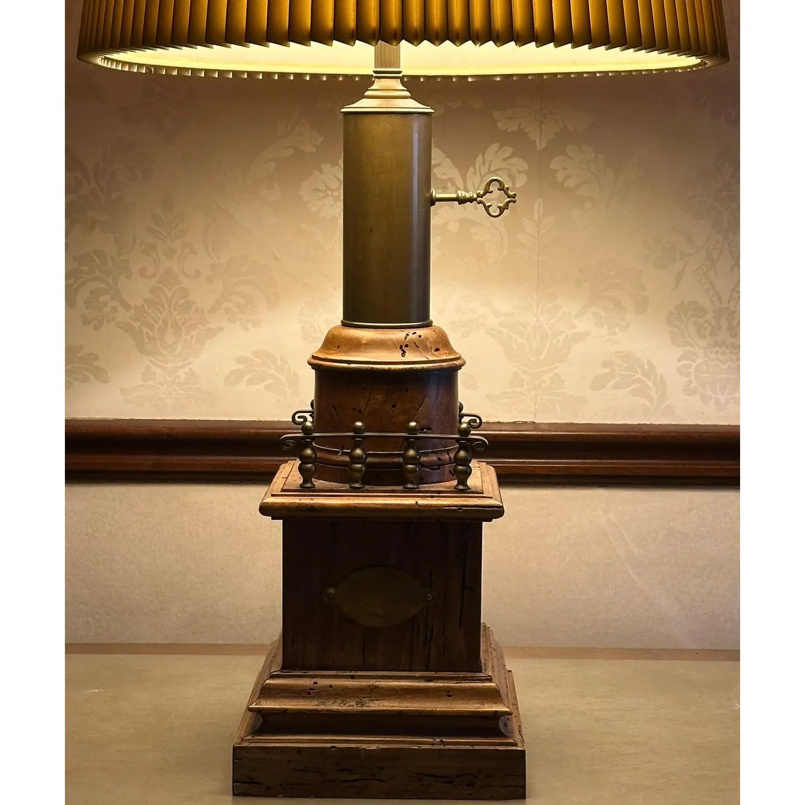 Antique Victorian Converted Brass Column Lamp on Wood Base With 1786 Plaque