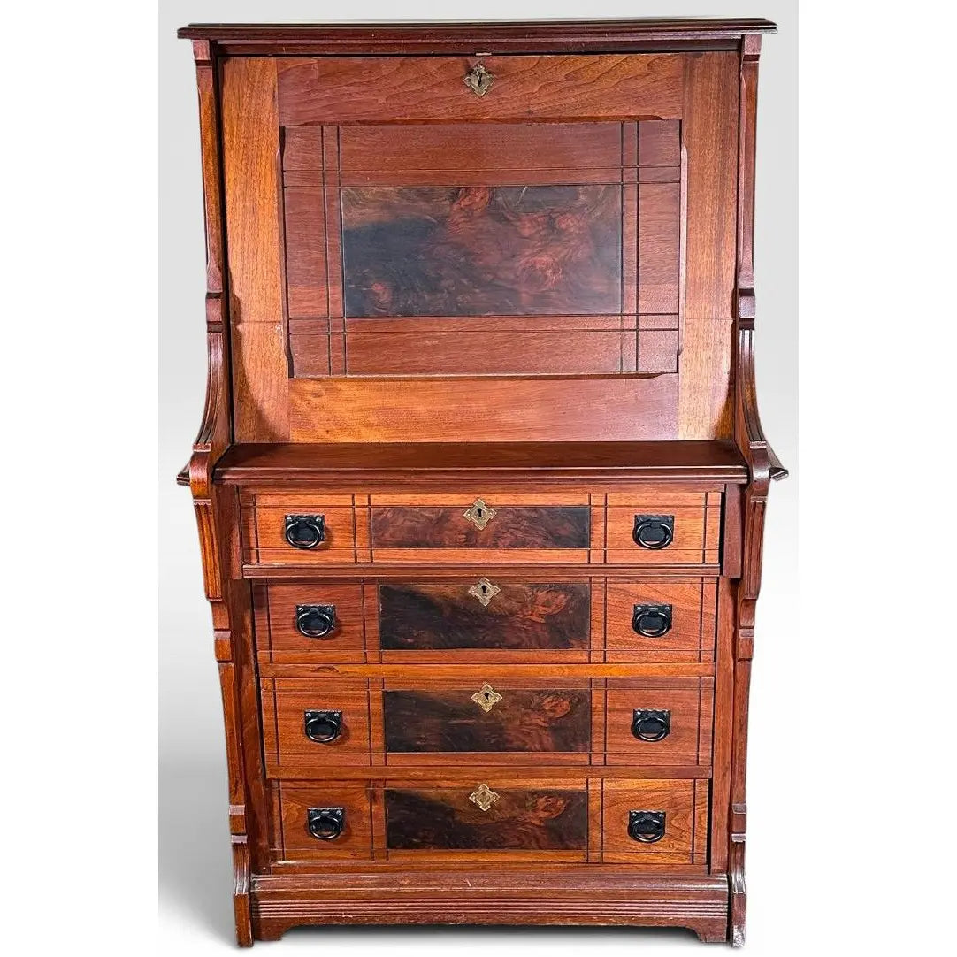 Antique Victorian Drop Front Secretary Desk Bureau Eastlake Attributed With Key