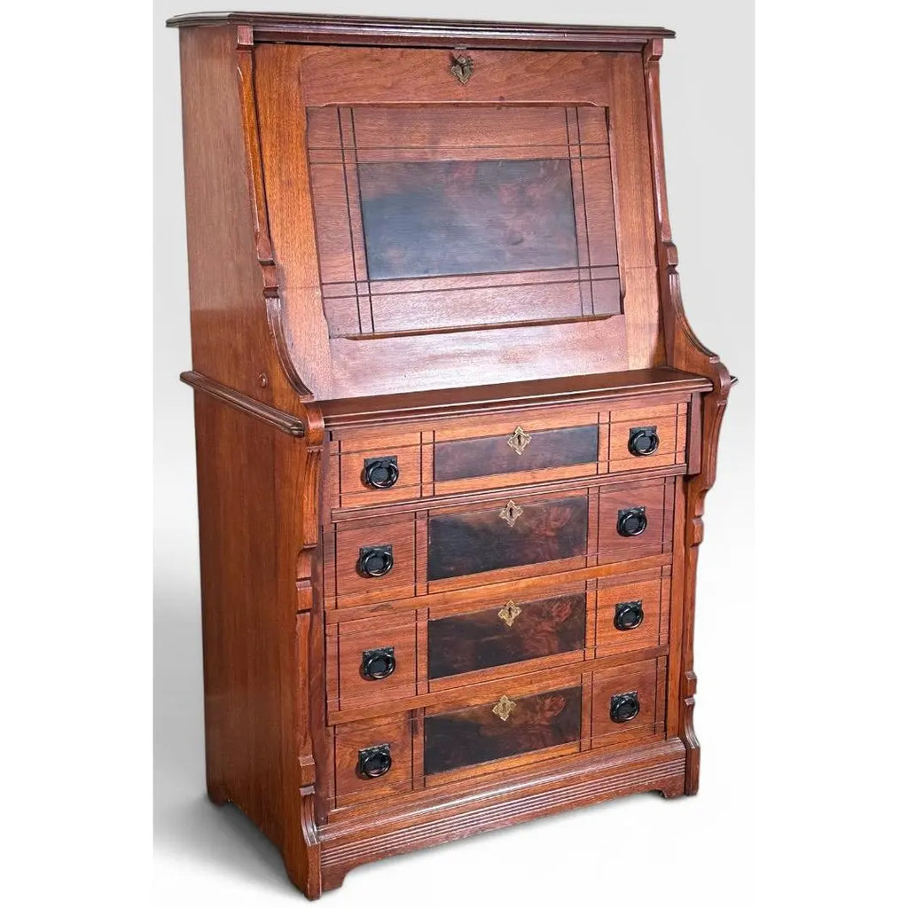 Antique Victorian Drop Front Secretary Desk Bureau Eastlake Attributed With Key