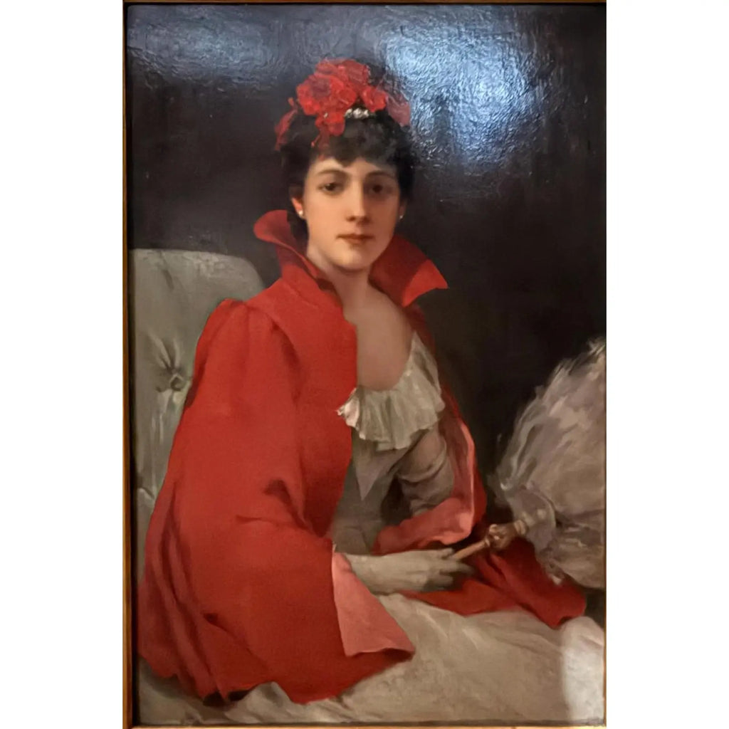 42" Signed William Henry Hyde ANA Gilded Age Oil Portrait, Socialite in Red Cloak and Ostrich Fan, Antique Gold Frame, Museum Quality