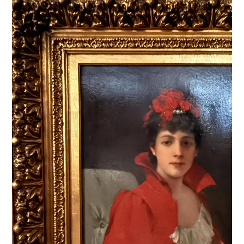 42" Signed William Henry Hyde ANA Gilded Age Oil Portrait, Socialite in Red Cloak and Ostrich Fan, Antique Gold Frame, Museum Quality