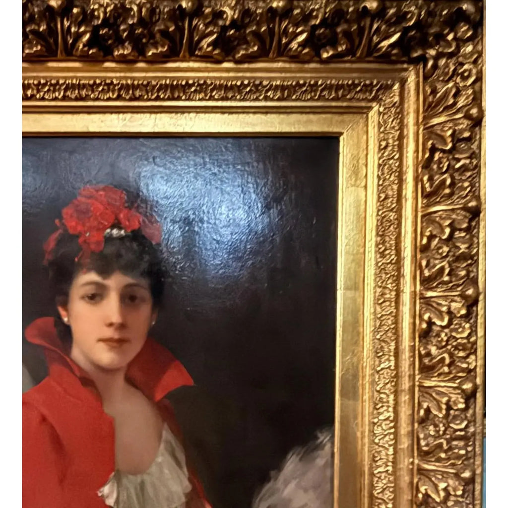 42" Signed William Henry Hyde ANA Gilded Age Oil Portrait, Socialite in Red Cloak and Ostrich Fan, Antique Gold Frame, Museum Quality
