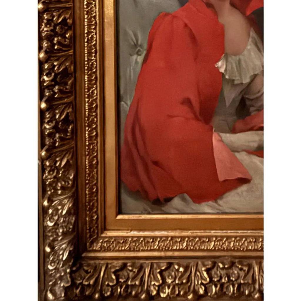 42" Signed William Henry Hyde ANA Gilded Age Oil Portrait, Socialite in Red Cloak and Ostrich Fan, Antique Gold Frame, Museum Quality