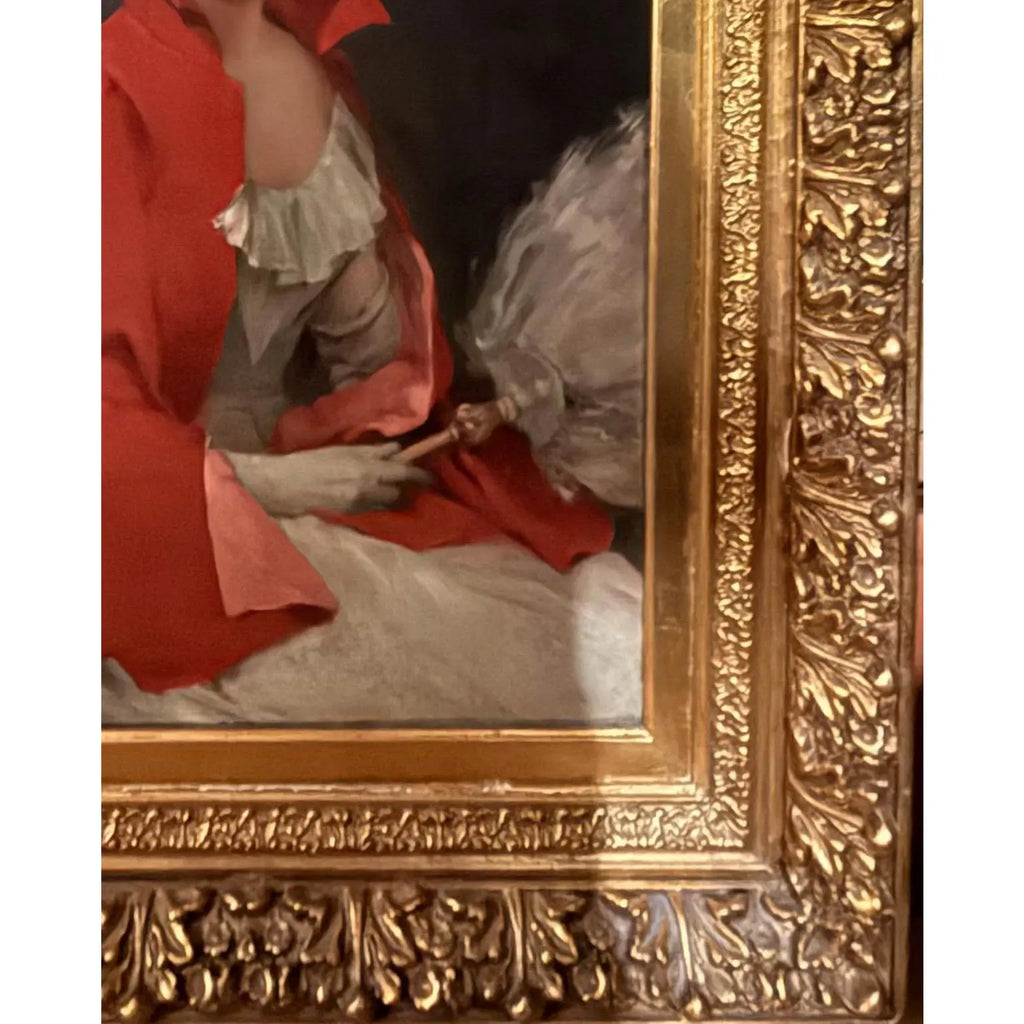 42" Signed William Henry Hyde ANA Gilded Age Oil Portrait, Socialite in Red Cloak and Ostrich Fan, Antique Gold Frame, Museum Quality