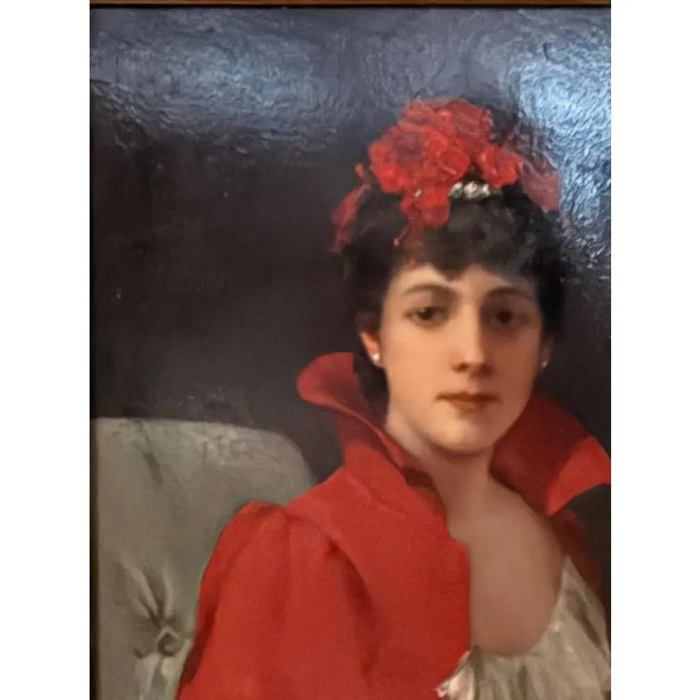 42" Signed William Henry Hyde ANA Gilded Age Oil Portrait, Socialite in Red Cloak and Ostrich Fan, Antique Gold Frame, Museum Quality
