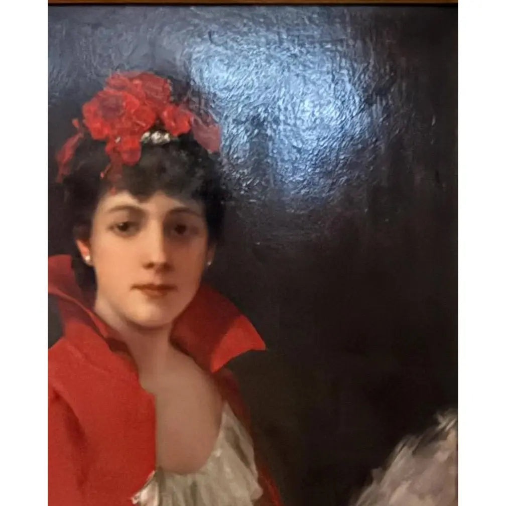 42" Signed William Henry Hyde ANA Gilded Age Oil Portrait, Socialite in Red Cloak and Ostrich Fan, Antique Gold Frame, Museum Quality