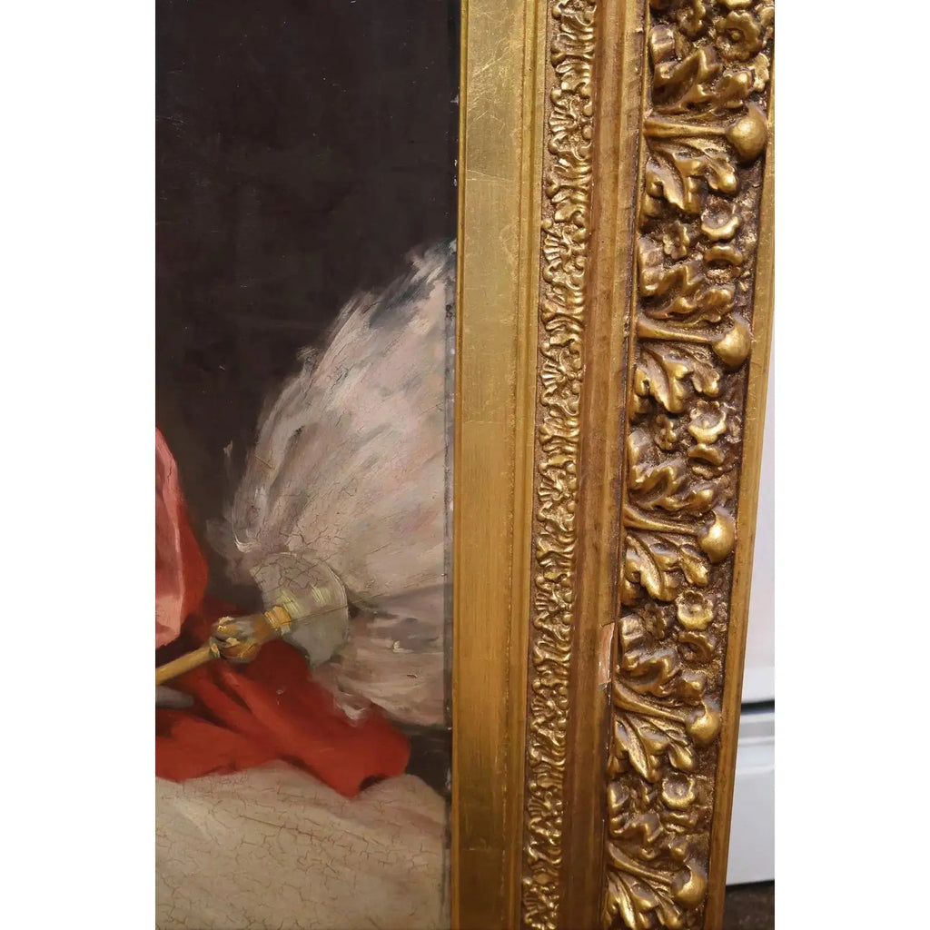 42" Signed William Henry Hyde ANA Gilded Age Oil Portrait, Socialite in Red Cloak and Ostrich Fan, Antique Gold Frame, Museum Quality