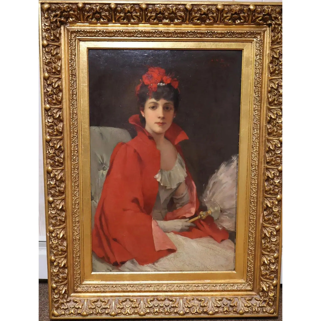 42" Signed William Henry Hyde ANA Gilded Age Oil Portrait, Socialite in Red Cloak and Ostrich Fan, Antique Gold Frame, Museum Quality