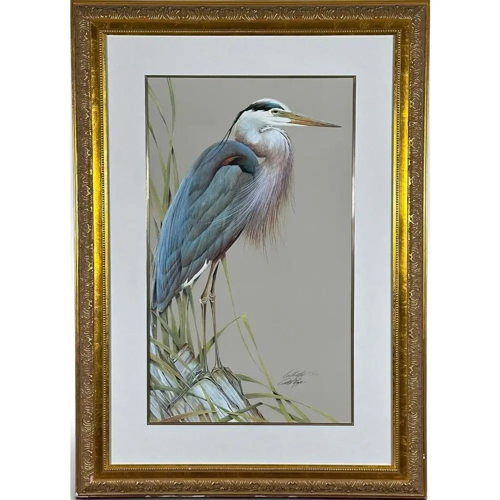 Art LaMay Signed Limited Edition Bay Blue Heron Gold Gilt Framed Giclee