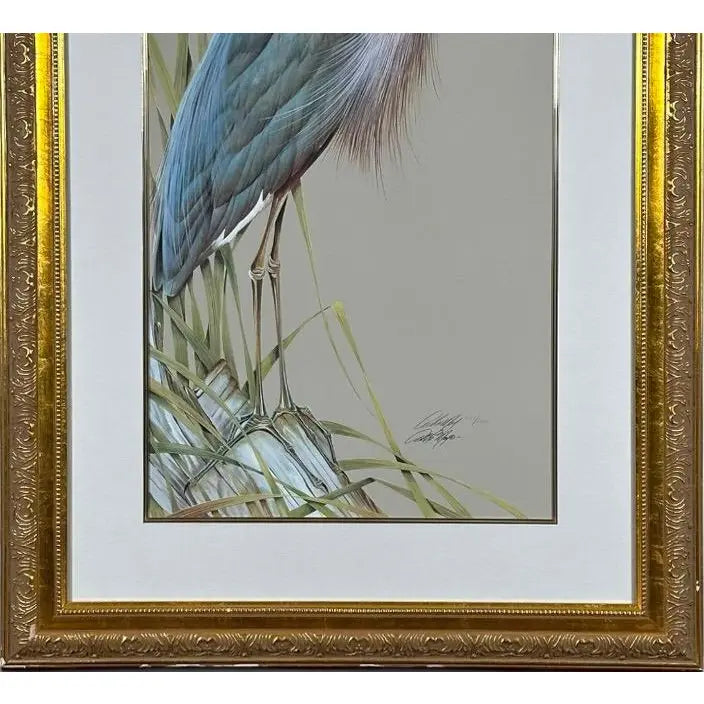 Art LaMay Signed Limited Edition Bay Blue Heron Gold Gilt Framed Giclee