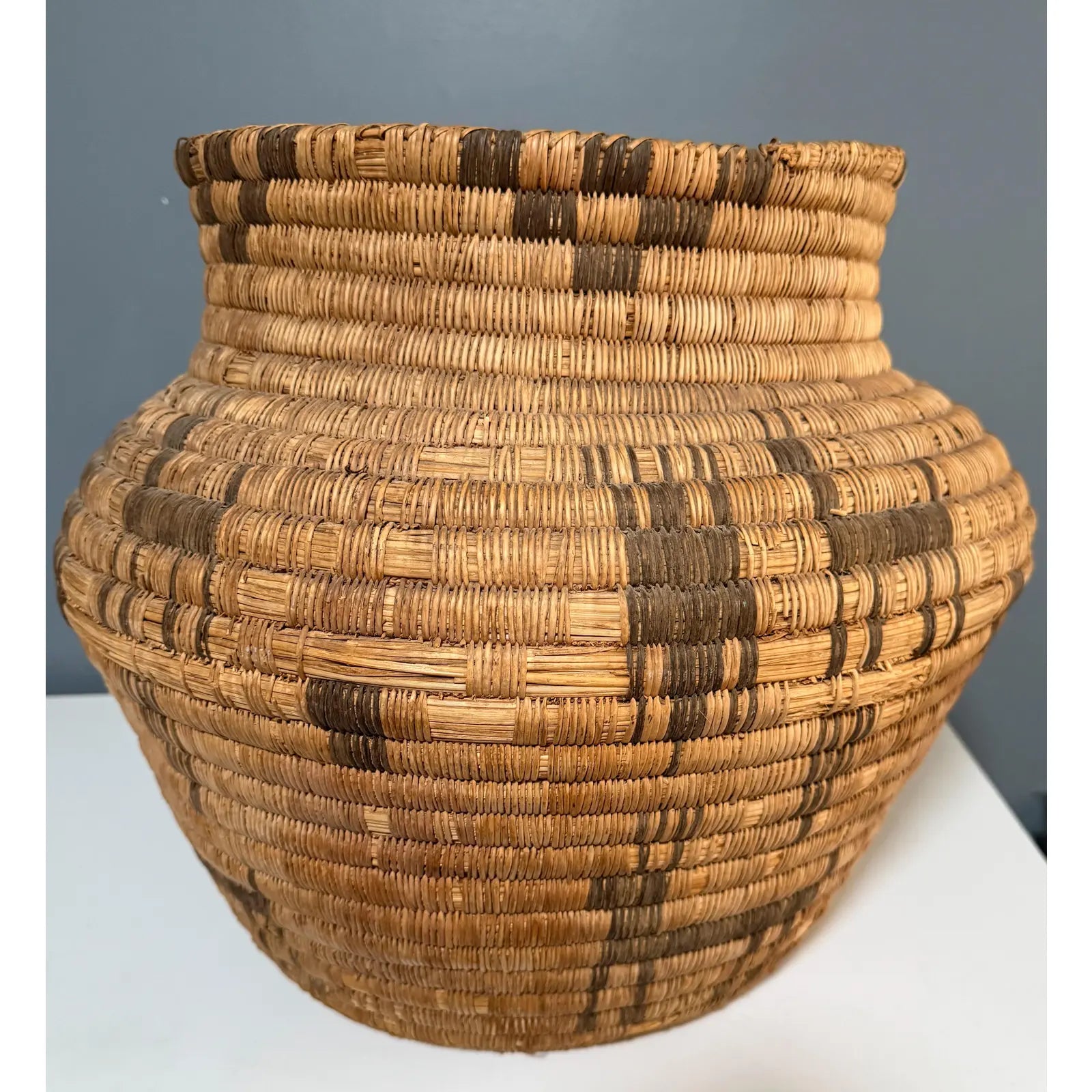Monumental 17” Polychrome Pima Akimel Oodham in the Style of Native American Olla Basket Rare Dual Register Human and Deer Motif Willow Devils Claw & Yucca Root