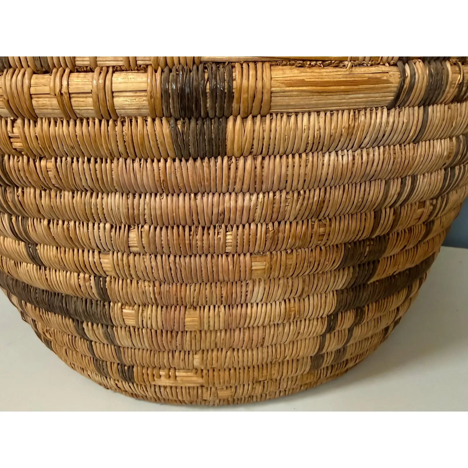 Monumental 17” Polychrome Pima Akimel Oodham in the Style of Native American Olla Basket Rare Dual Register Human and Deer Motif Willow Devils Claw & Yucca Root