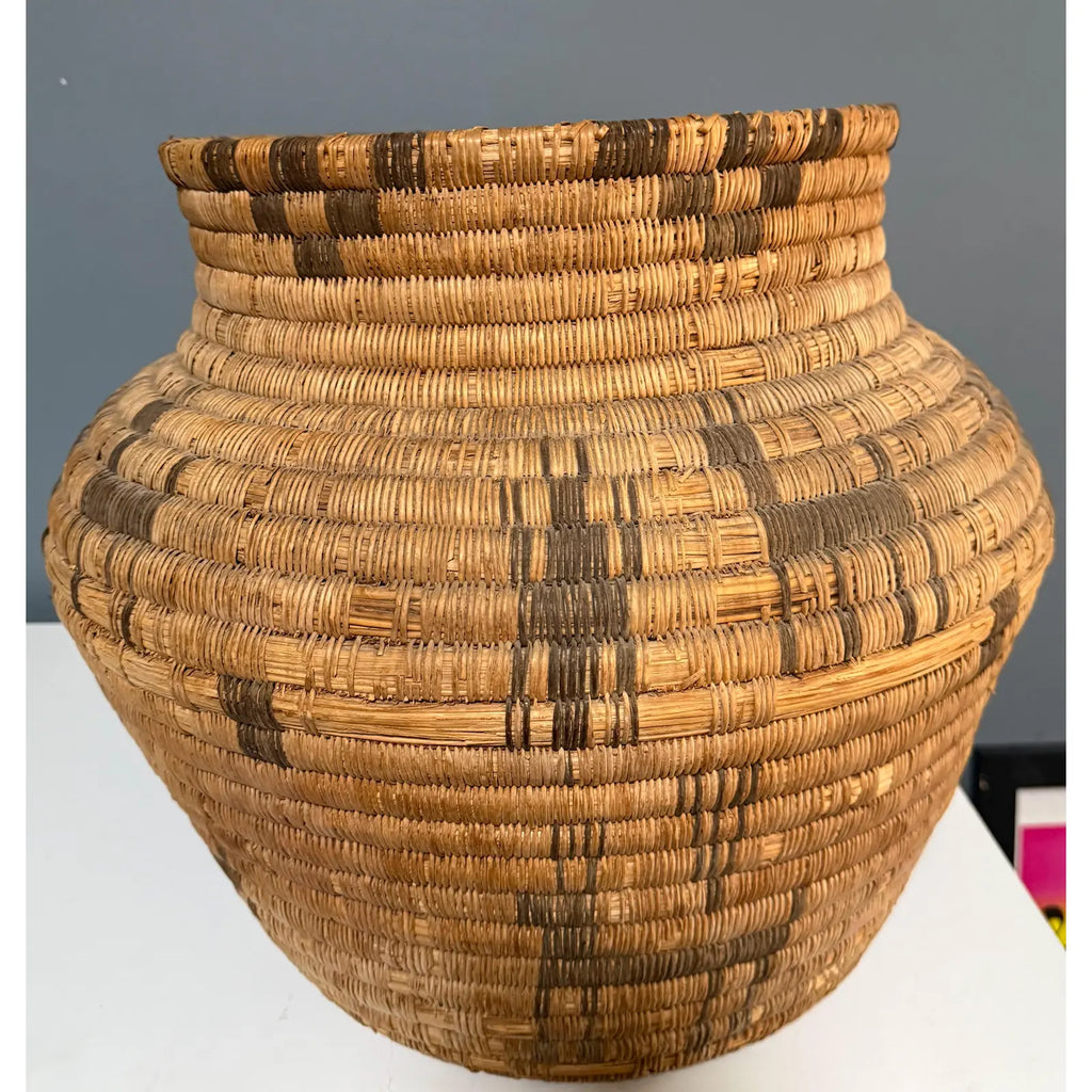 Monumental 17” Polychrome Pima Akimel Oodham in the Style of Native American Olla Basket Rare Dual Register Human and Deer Motif Willow Devils Claw & Yucca Root