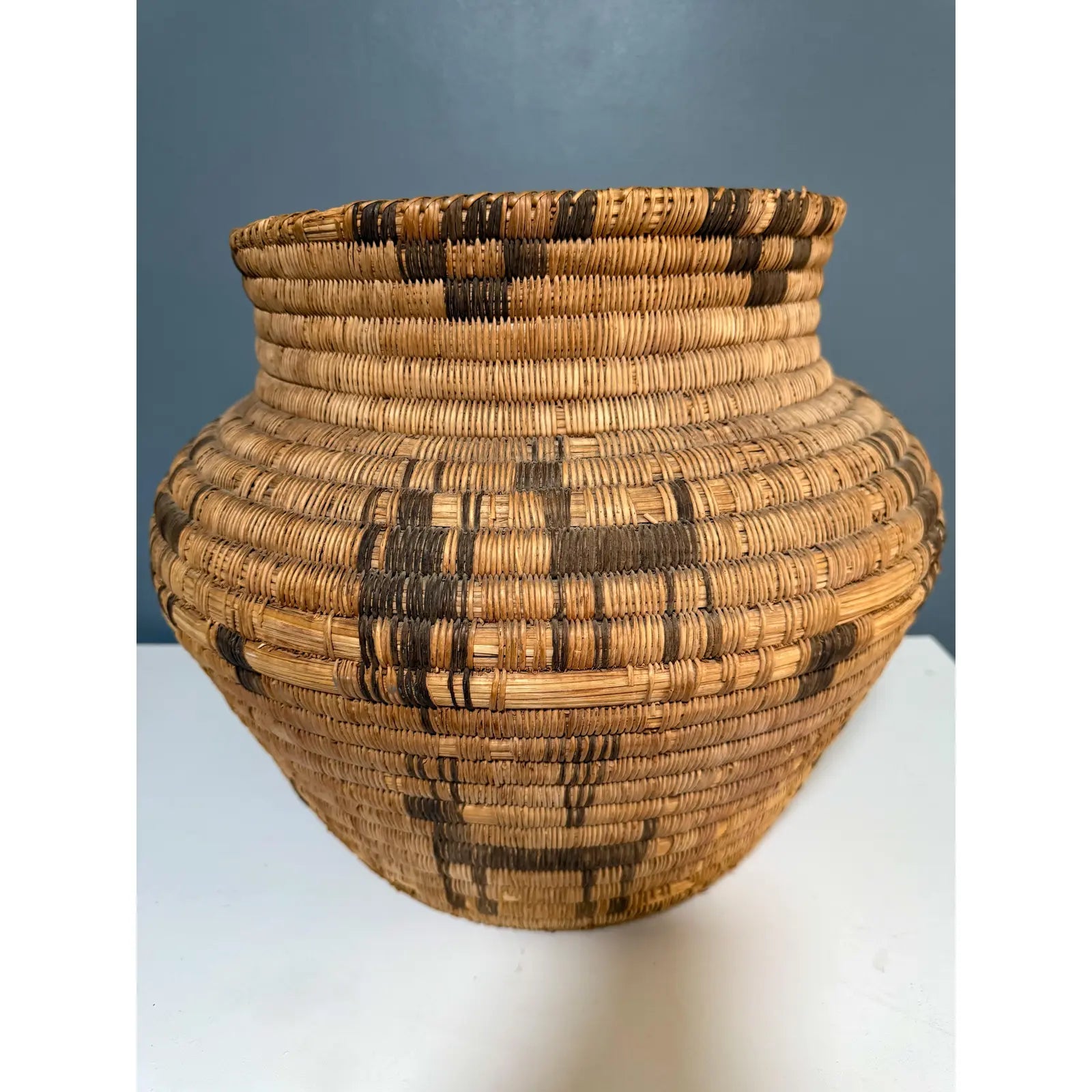Monumental 17” Polychrome Pima Akimel Oodham in the Style of Native American Olla Basket Rare Dual Register Human and Deer Motif Willow Devils Claw & Yucca Root