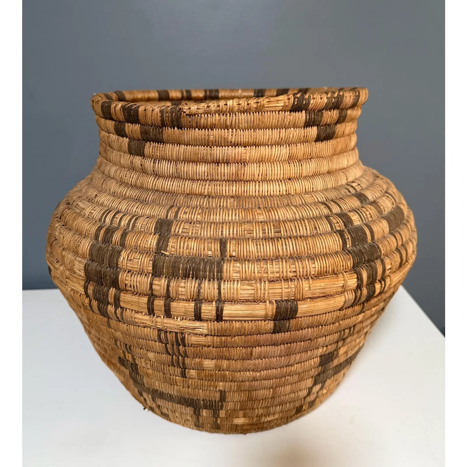 Monumental 17” Polychrome Pima Akimel Oodham in the Style of Native American Olla Basket Rare Dual Register Human and Deer Motif Willow Devils Claw & Yucca Root