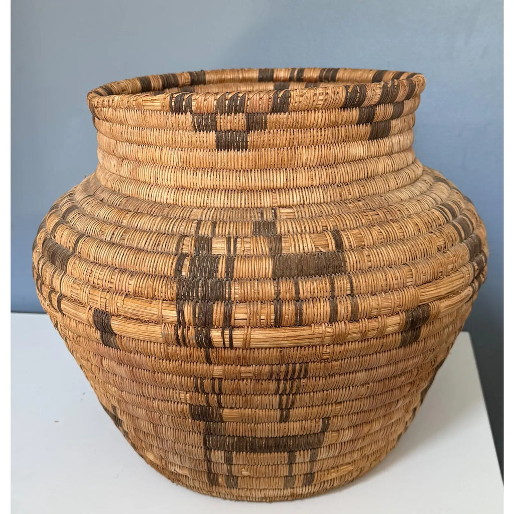 Monumental 17” Polychrome Pima Akimel Oodham in the Style of Native American Olla Basket Rare Dual Register Human and Deer Motif Willow Devils Claw & Yucca Root