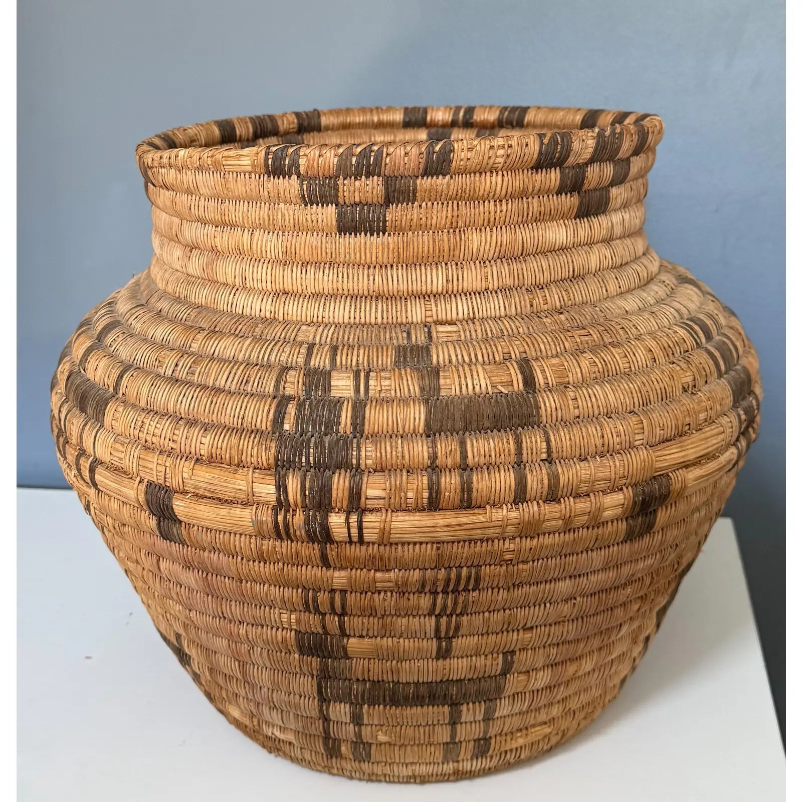 Monumental 17” Polychrome Pima Akimel Oodham in the Style of Native American Olla Basket Rare Dual Register Human and Deer Motif Willow Devils Claw & Yucca Root