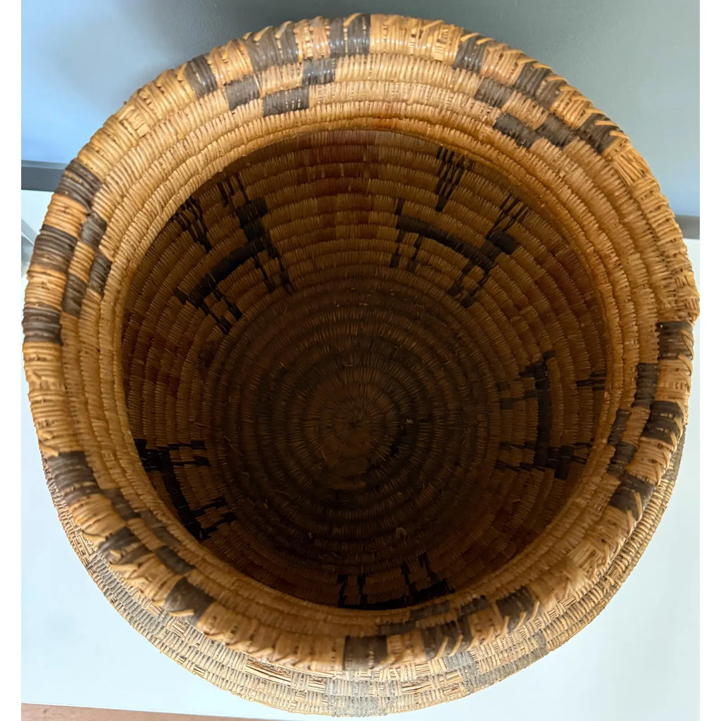 Monumental 17” Polychrome Pima Akimel Oodham in the Style of Native American Olla Basket Rare Dual Register Human and Deer Motif Willow Devils Claw & Yucca Root