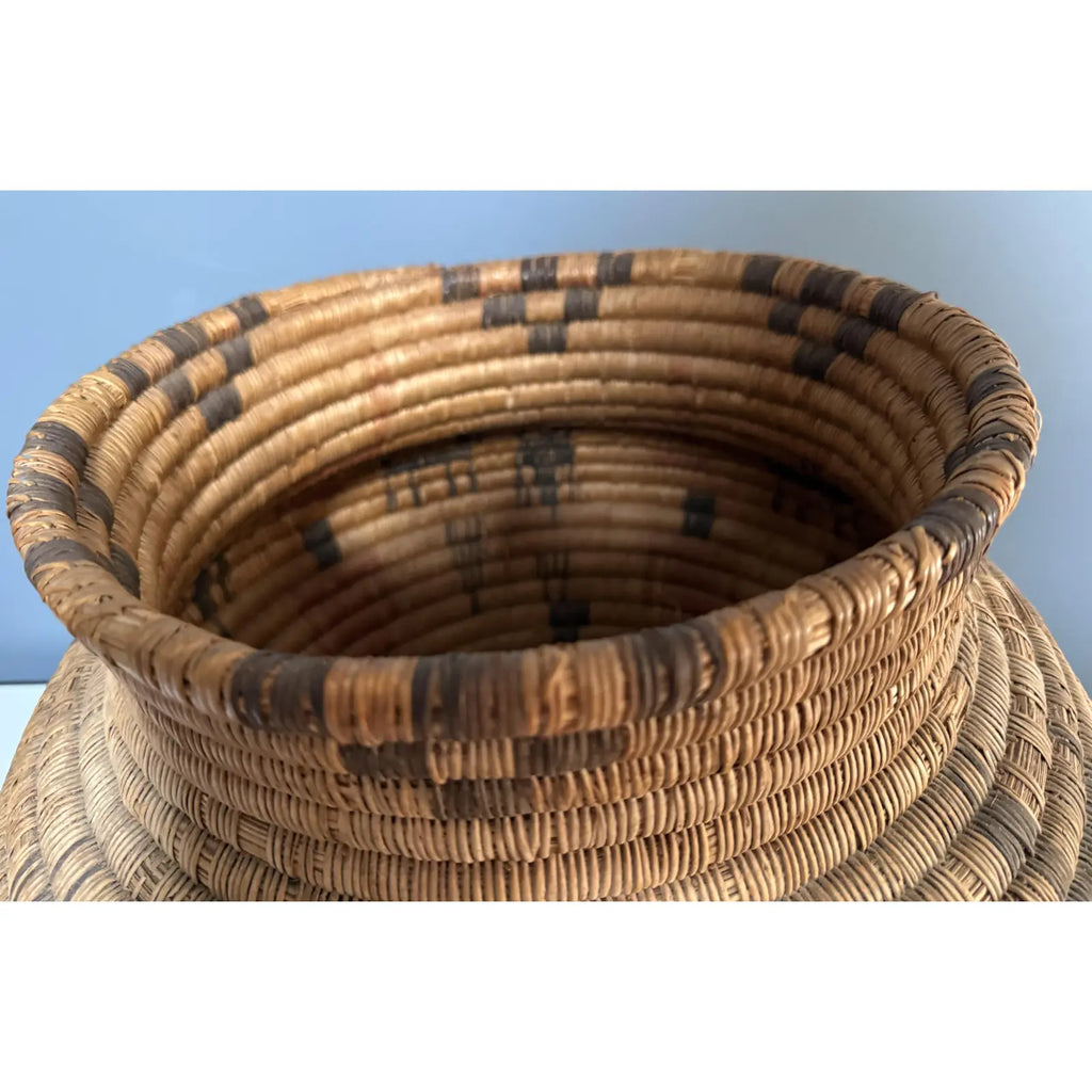 Monumental 17” Polychrome Pima Akimel Oodham in the Style of Native American Olla Basket Rare Dual Register Human and Deer Motif Willow Devils Claw & Yucca Root