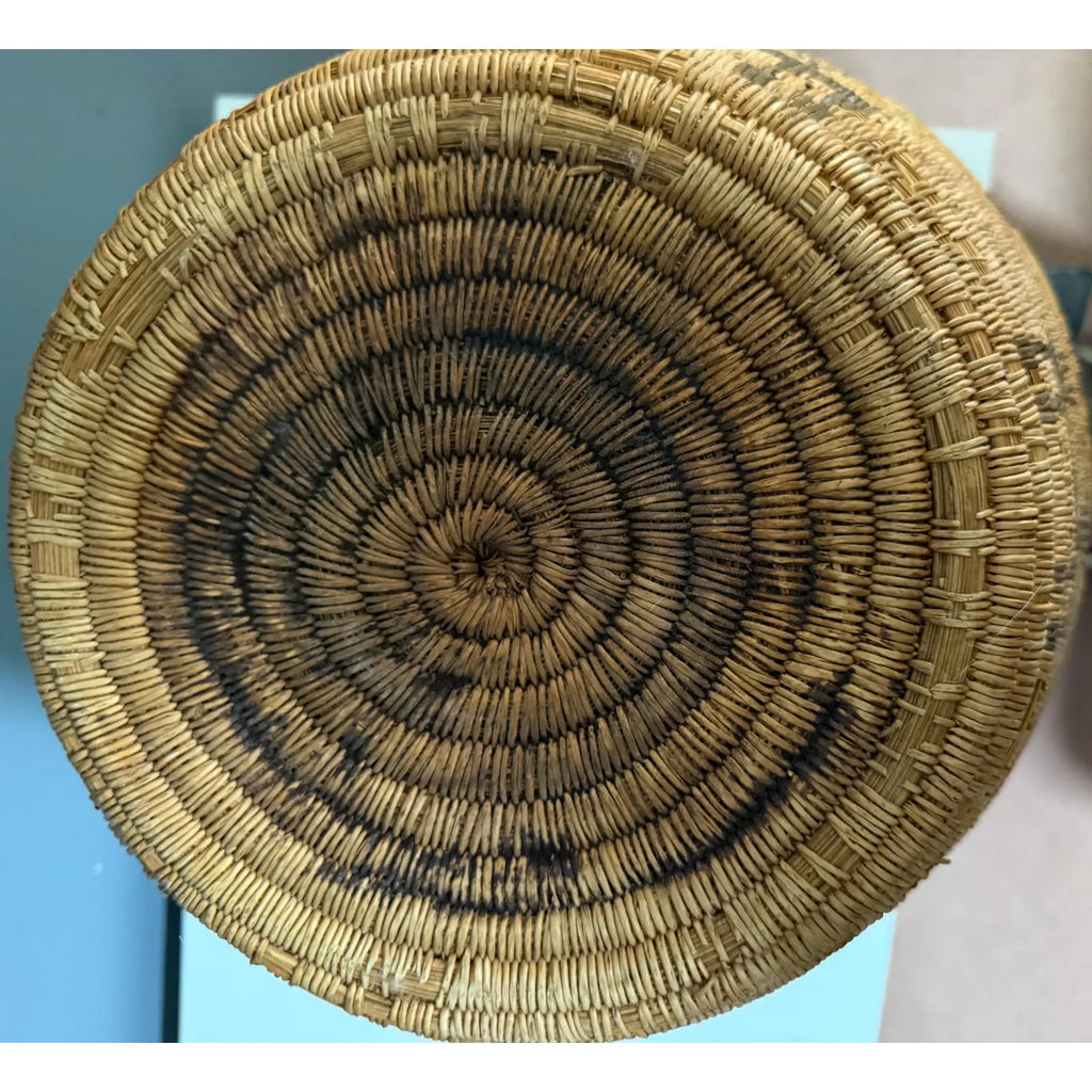 Monumental 17” Polychrome Pima Akimel Oodham in the Style of Native American Olla Basket Rare Dual Register Human and Deer Motif Willow Devils Claw & Yucca Root