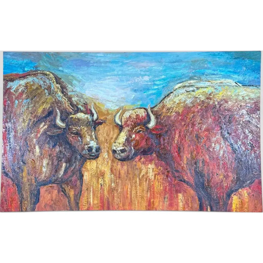 Oversized Mid-Century Western Expressionist Bison Buffalo Original Impasto Oil Painting Gallery Wrap Canvas