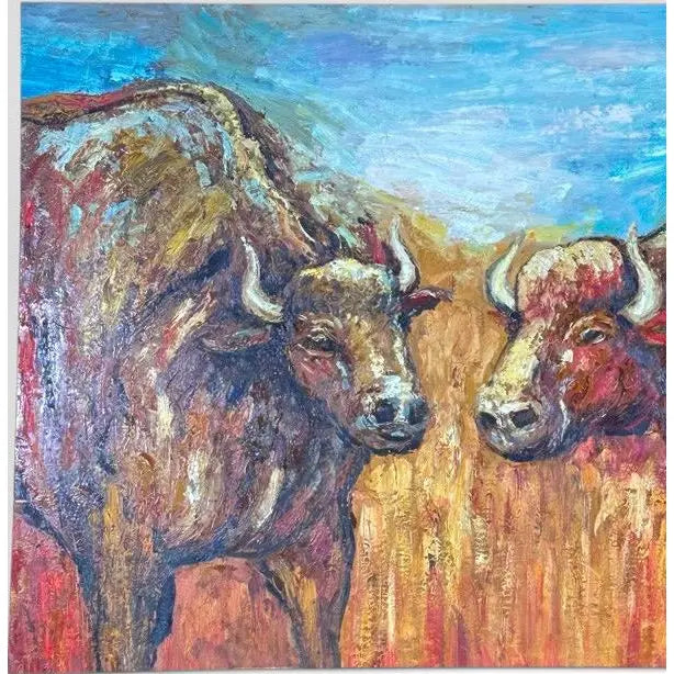Oversized Mid-Century Western Expressionist Bison Buffalo Original Impasto Oil Painting Gallery Wrap Canvas