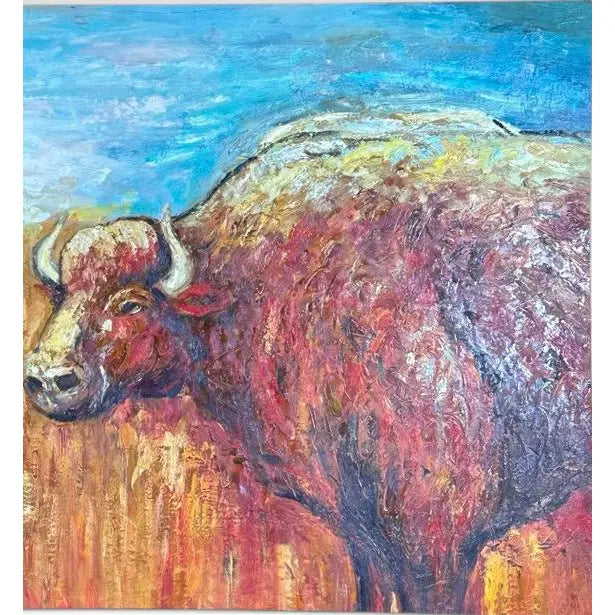 Oversized Mid-Century Western Expressionist Bison Buffalo Original Impasto Oil Painting Gallery Wrap Canvas