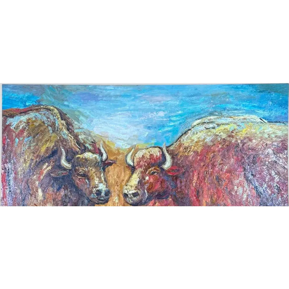 Oversized Mid-Century Western Expressionist Bison Buffalo Original Impasto Oil Painting Gallery Wrap Canvas