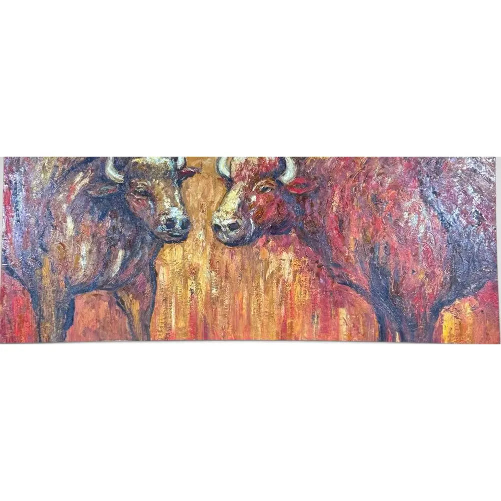 Oversized Mid-Century Western Expressionist Bison Buffalo Original Impasto Oil Painting Gallery Wrap Canvas