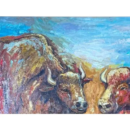 Oversized Mid-Century Western Expressionist Bison Buffalo Original Impasto Oil Painting Gallery Wrap Canvas