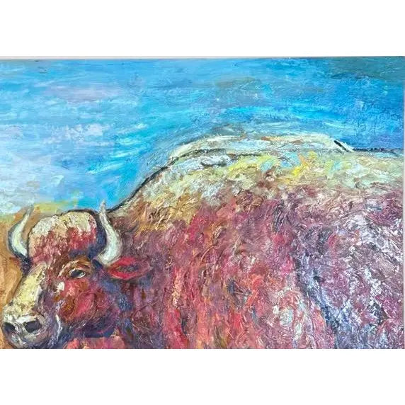Oversized Mid-Century Western Expressionist Bison Buffalo Original Impasto Oil Painting Gallery Wrap Canvas