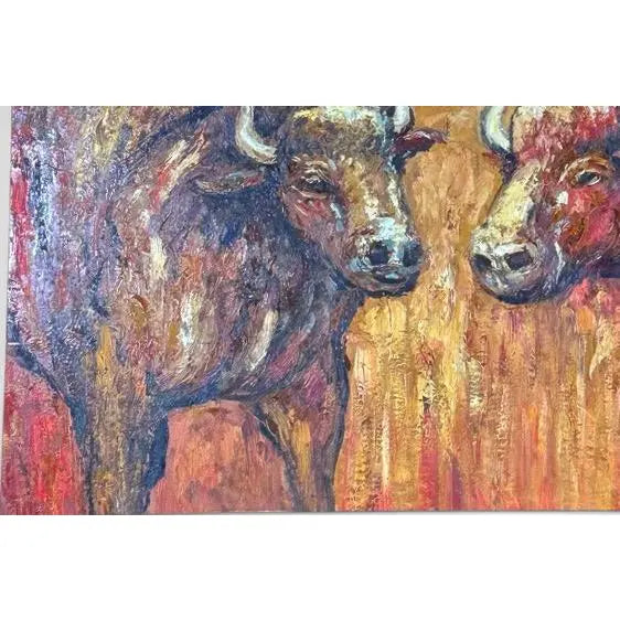 Oversized Mid-Century Western Expressionist Bison Buffalo Original Impasto Oil Painting Gallery Wrap Canvas