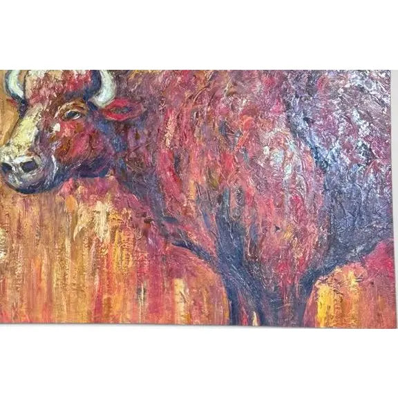 Oversized Mid-Century Western Expressionist Bison Buffalo Original Impasto Oil Painting Gallery Wrap Canvas