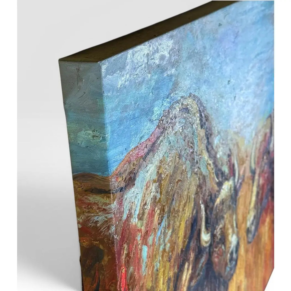 Oversized Mid-Century Western Expressionist Bison Buffalo Original Impasto Oil Painting Gallery Wrap Canvas