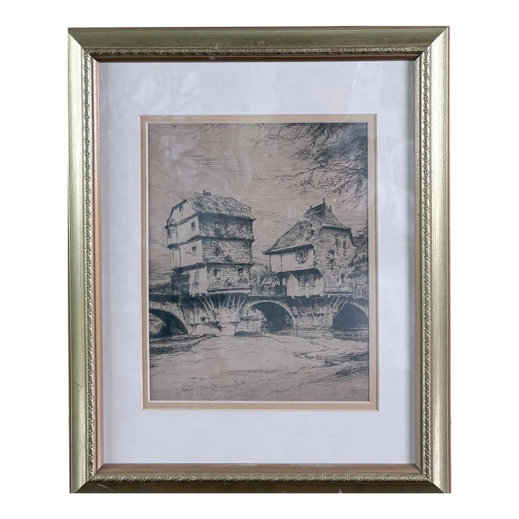 Original Signed Paul Geissler Etching | Historic Brückenhäuser, Bad Kreuznach | German Architectural Art | Circa 1930
