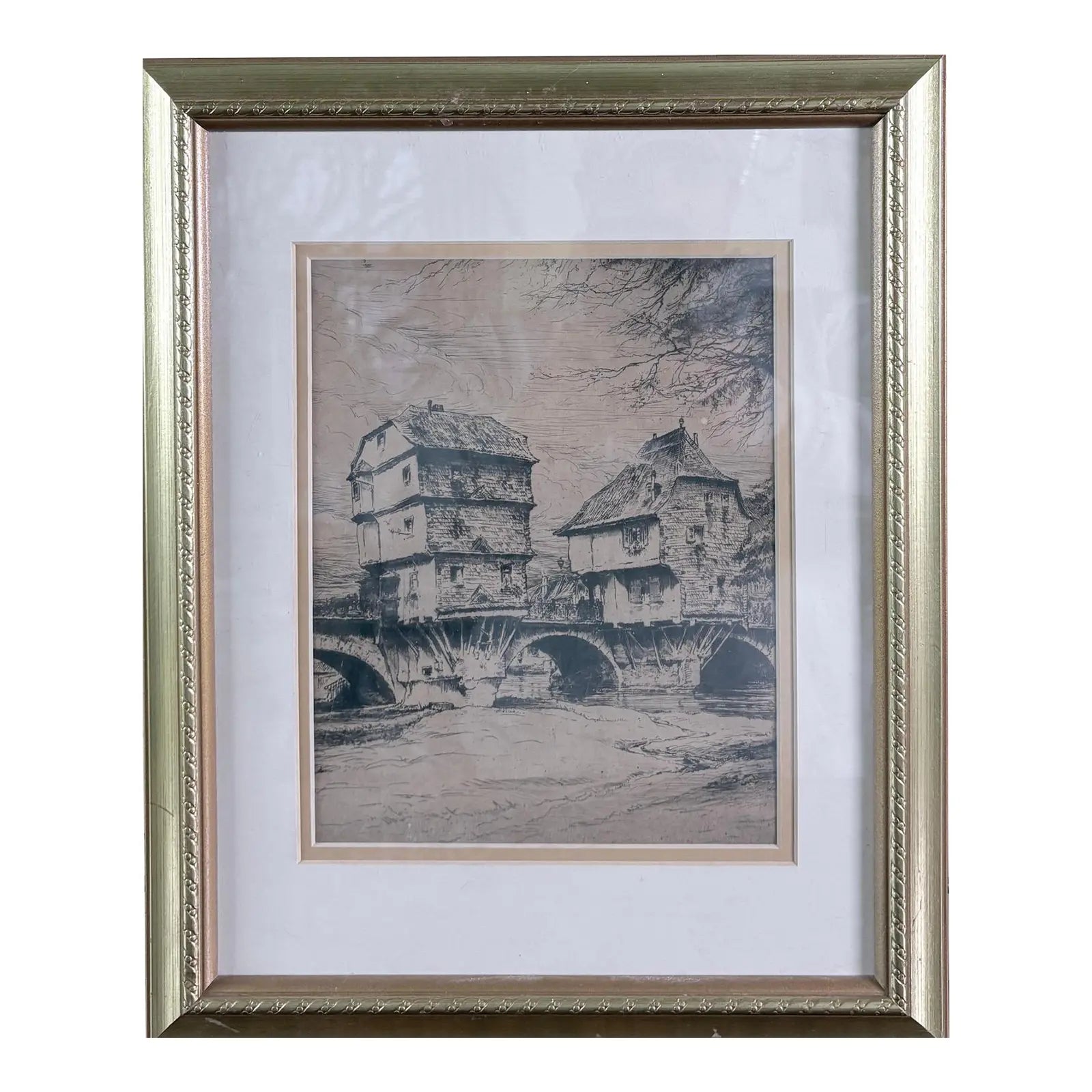 Original Signed Paul Geissler Etching | Historic Brückenhäuser, Bad Kreuznach | German Architectural Art | Circa 1930