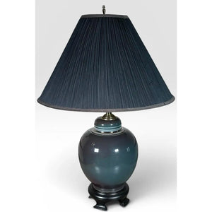 Vintage Hollywood Regency Ombre Ceramic Ginger Jar Table Lamp With Navy Pleated Shade