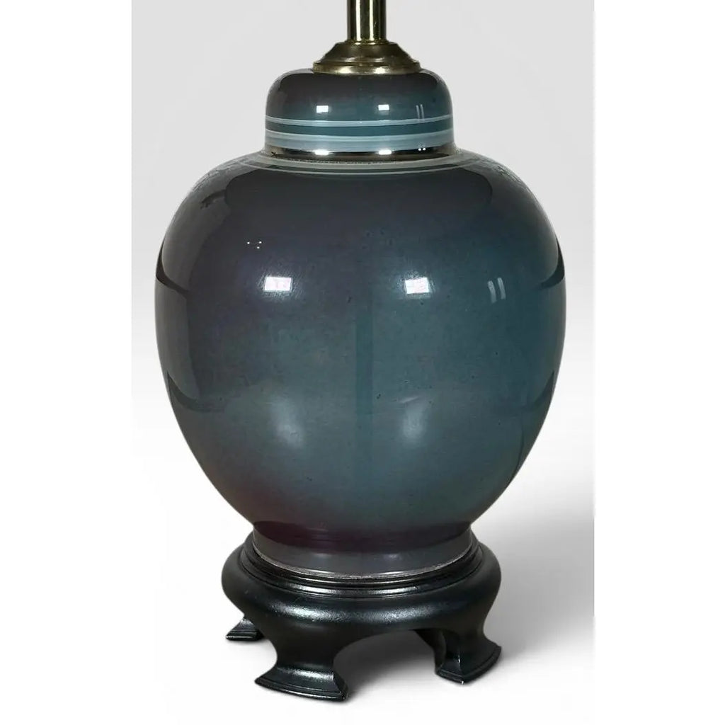 Vintage Hollywood Regency Ombre Ceramic Ginger Jar Table Lamp With Navy Pleated Shade