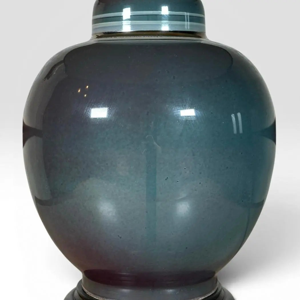Vintage Hollywood Regency Ombre Ceramic Ginger Jar Table Lamp With Navy Pleated Shade