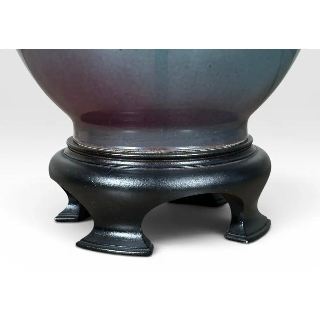 Vintage Hollywood Regency Ombre Ceramic Ginger Jar Table Lamp With Navy Pleated Shade