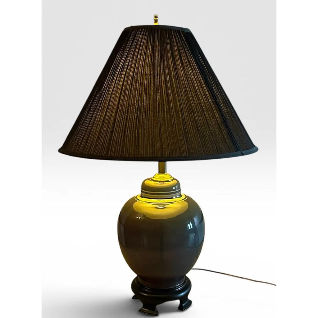 Vintage Hollywood Regency Ombre Ceramic Ginger Jar Table Lamp With Navy Pleated Shade