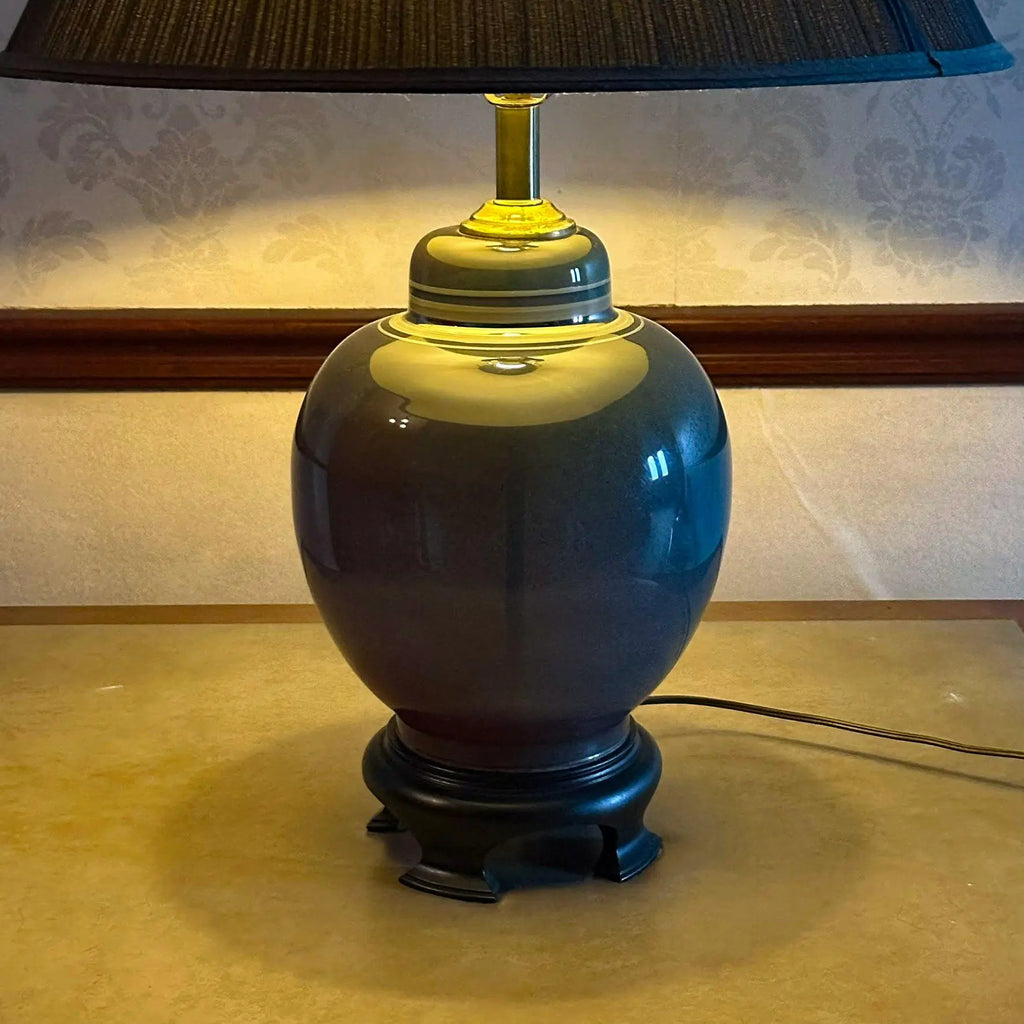 Vintage Hollywood Regency Ombre Ceramic Ginger Jar Table Lamp With Navy Pleated Shade