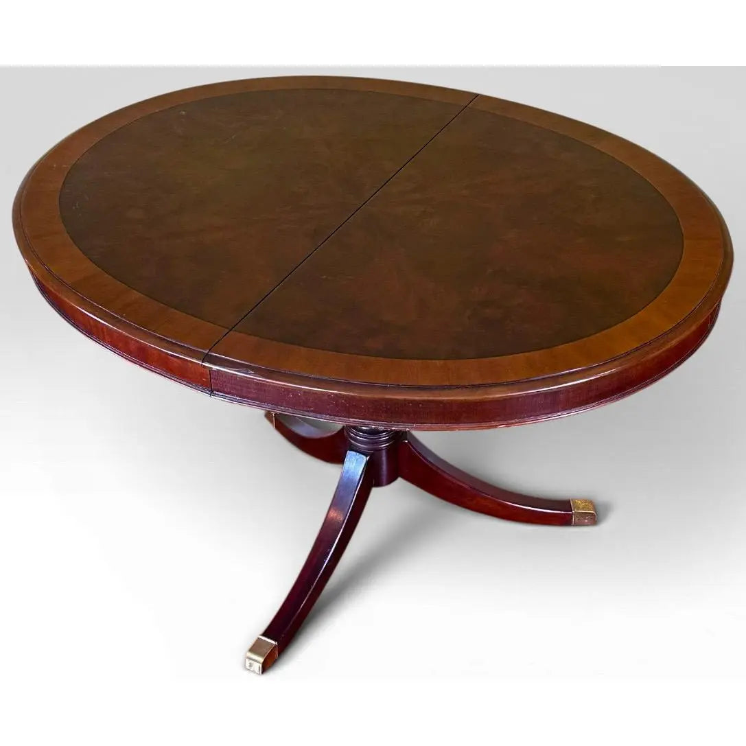 Vintage Drexel Chippendale Mahogany Pedestal Dining Table With Burlwood Veneer Top