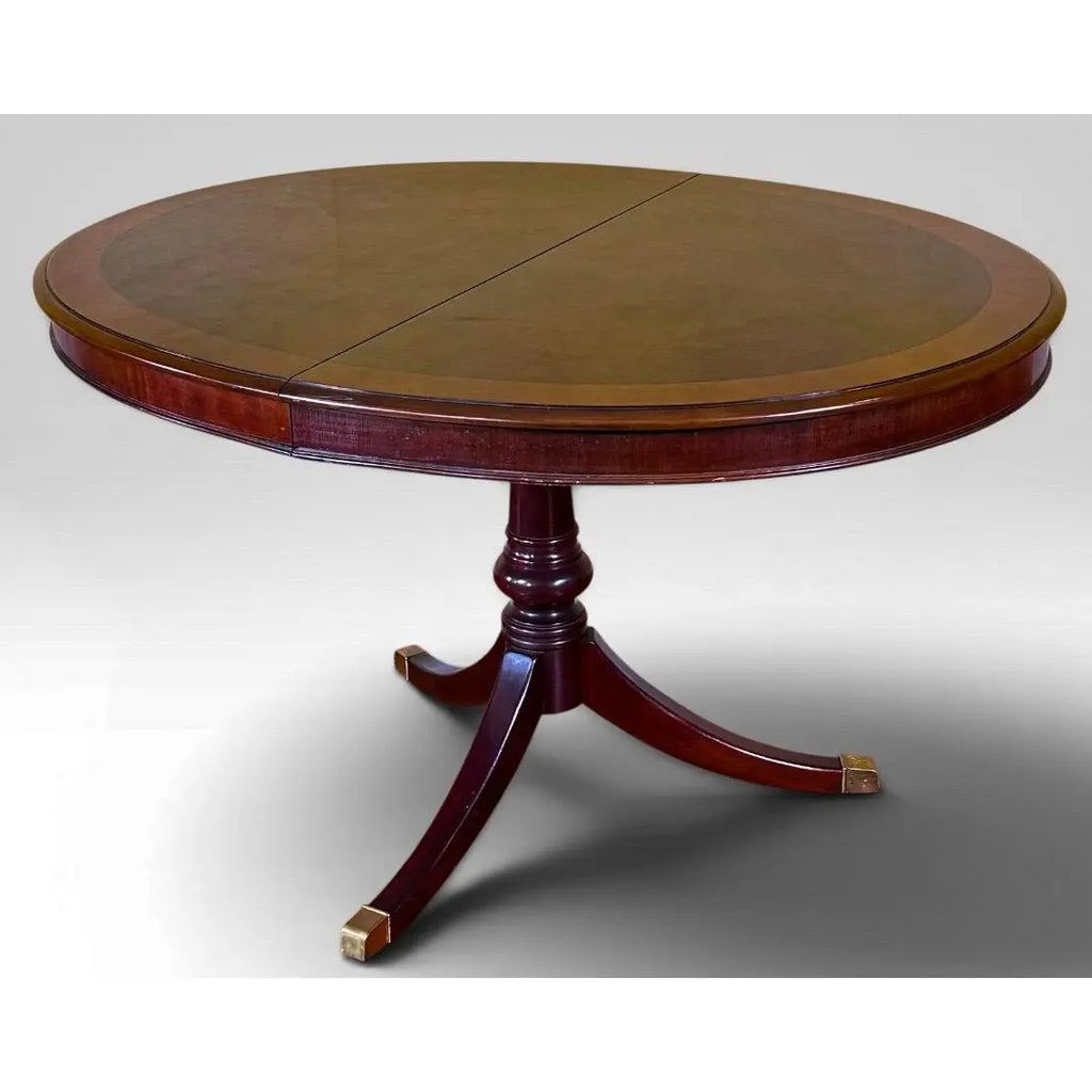 Vintage Drexel Chippendale Mahogany Pedestal Dining Table With Burlwood Veneer Top