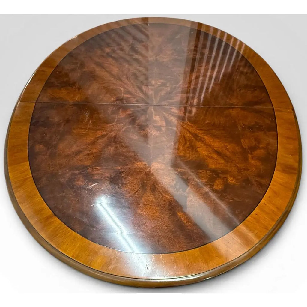 Vintage Drexel Chippendale Mahogany Pedestal Dining Table With Burlwood Veneer Top