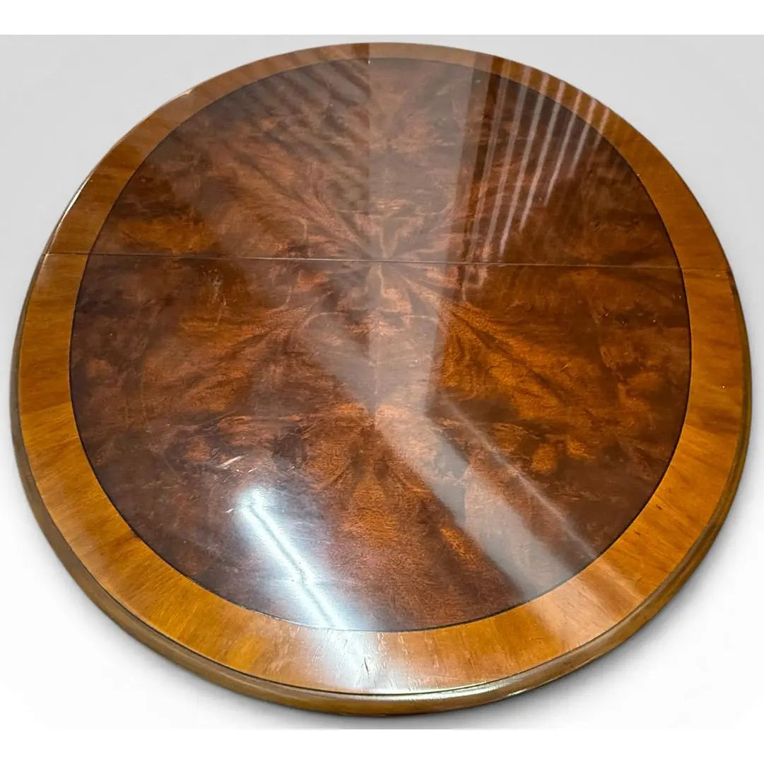 Vintage Drexel Chippendale Mahogany Pedestal Dining Table With Burlwood Veneer Top