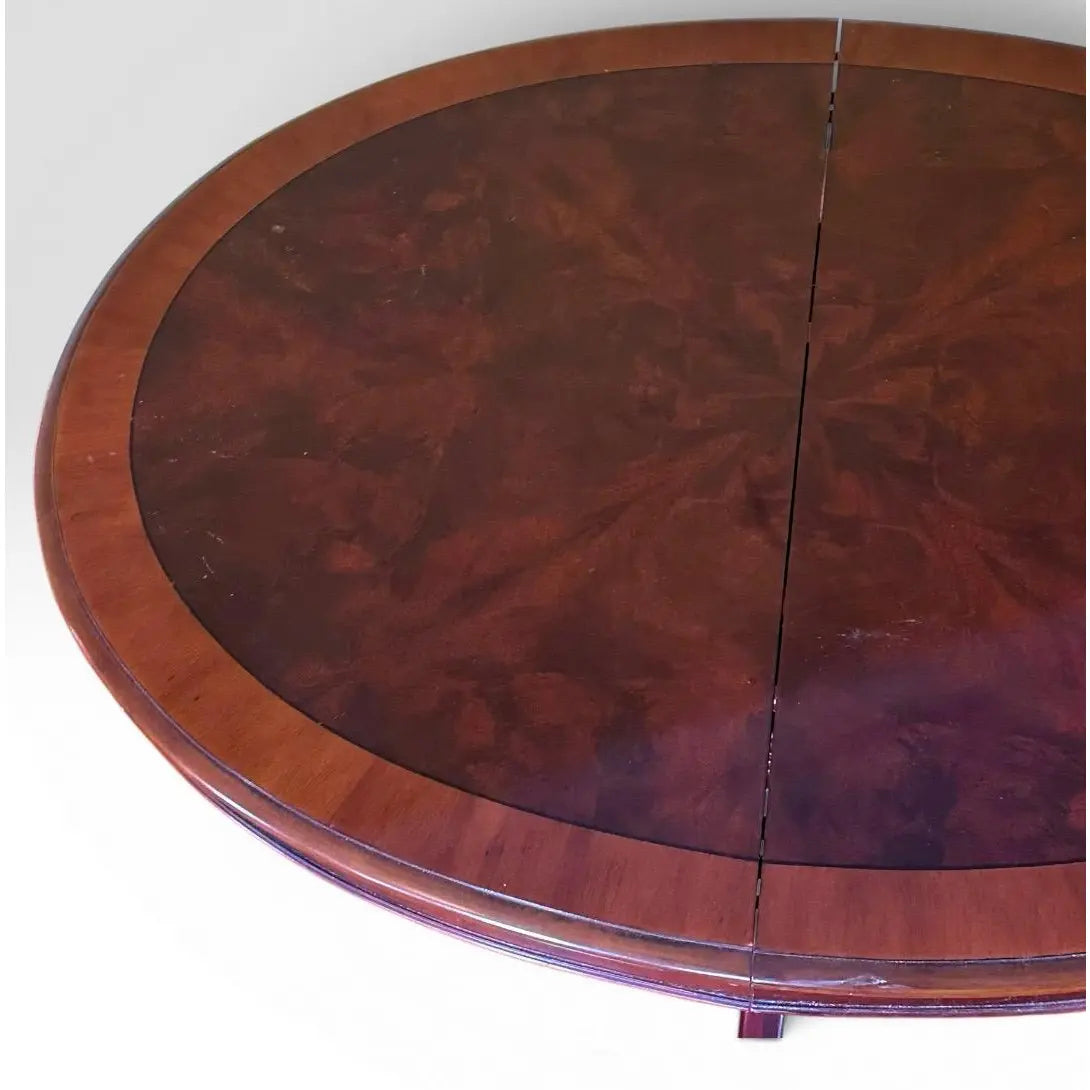 Vintage Drexel Chippendale Mahogany Pedestal Dining Table With Burlwood Veneer Top