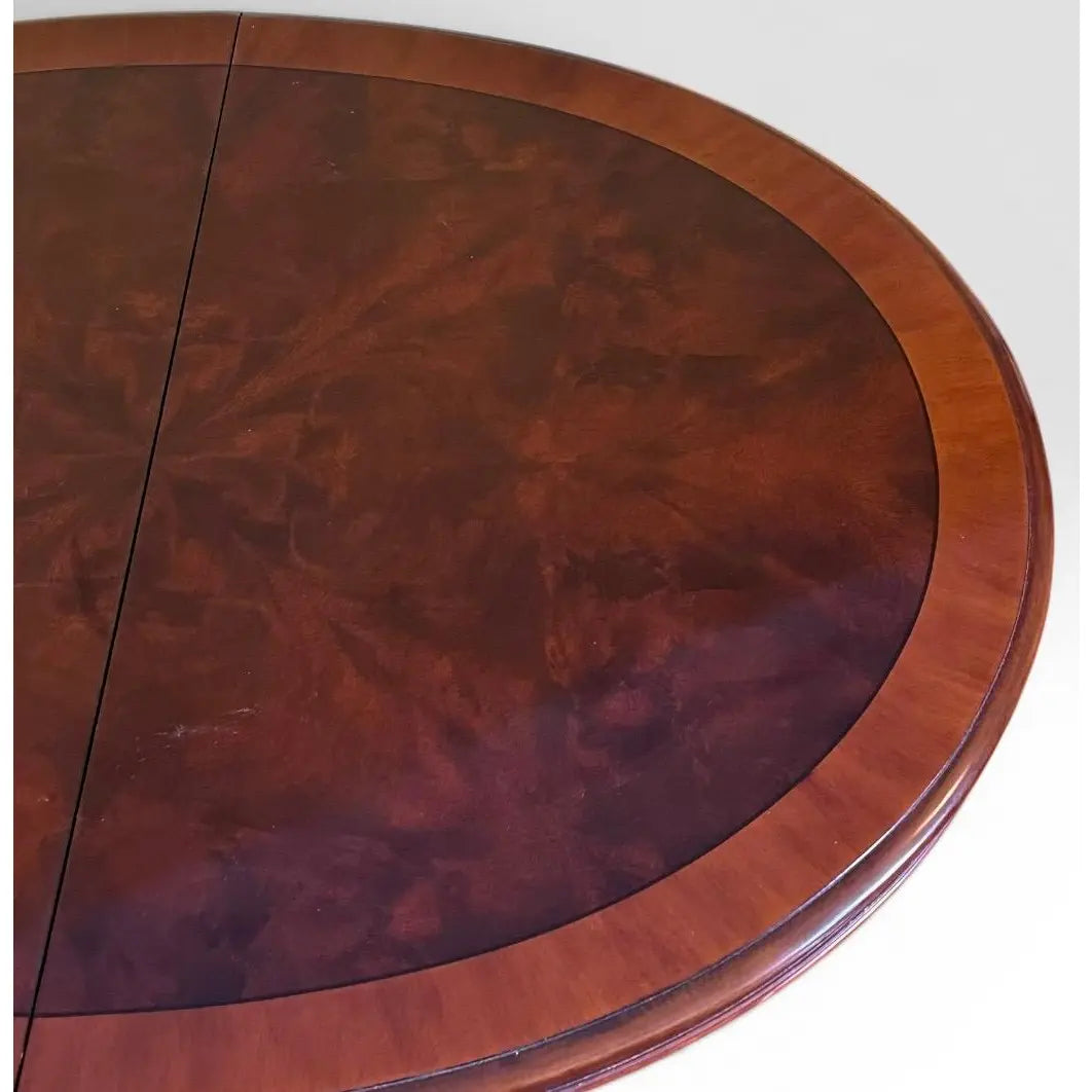 Vintage Drexel Chippendale Mahogany Pedestal Dining Table With Burlwood Veneer Top